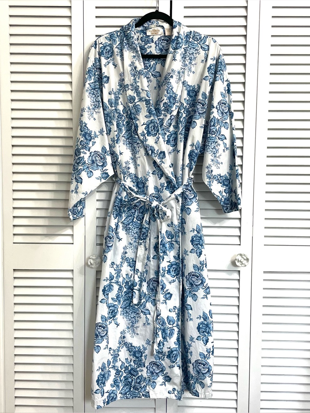 Vintage Victoria's Secret Gold Label Blue Floral Print Tie Waist Robe Cotton M/L